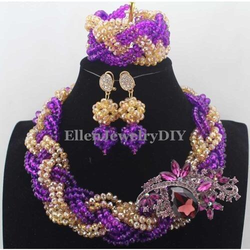 Amazing New Purple Costume African nigerian Wedding bridal Beads Jewelry Set african Crystal Beaded Jewelry Set W13492