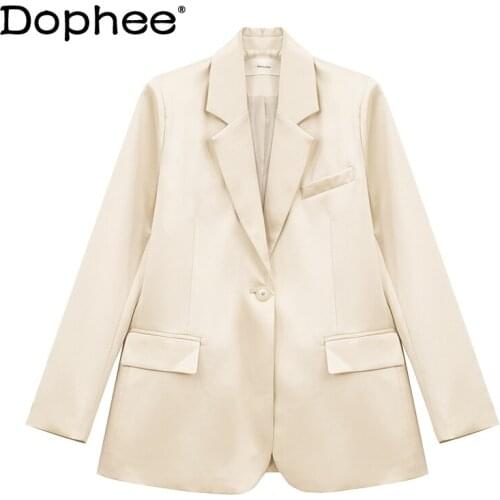 Beige Suit Jacket for Women 2021 New Spring and Autumn Korean Style Solid Colour Elegant Blazer Losse Satin Single Button Coat