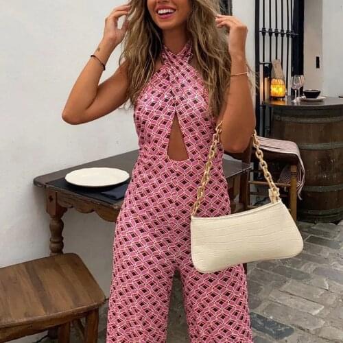 Pink Sweet Sexy Women Jumpsuit Long Elegant Crisscross Halter Overalls Za 2021 Cutout Open Back Wide Leg Combinations Backless