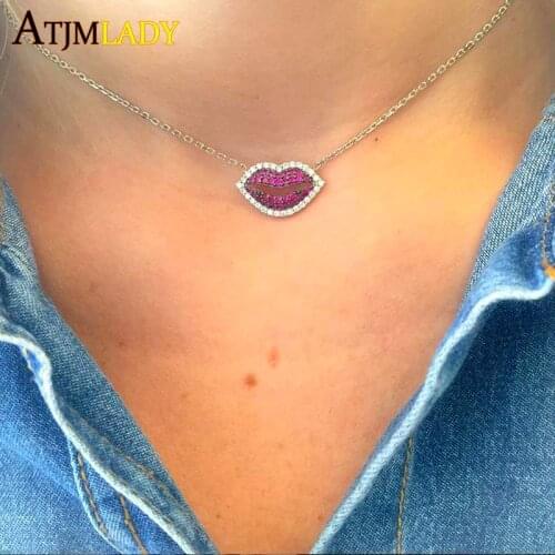 Lips Mouth sexy Sweater fashion women Necklace Jewelry cubic zirconia kiss lip Pendants gold color Chain Valentines Lover Gift