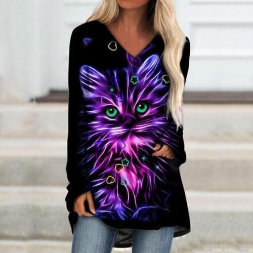 2021 Autumn Ladies Print 3D Cat Top Long Sleeve T-Shirt Casual Loose Pullover Tunic New Streetwear Fashion V-Neck Women Clothing