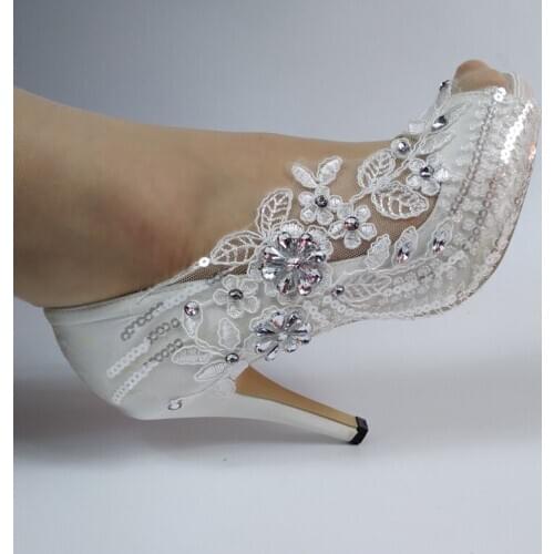 2020 New Arrival Peep Toe Crystal shoes woman White Flower Wedding Bridals shoe Ankle Strap Lace-Up High shoes sweet party shoe