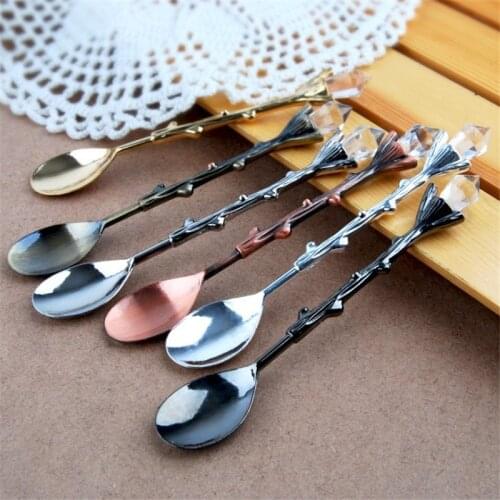 2021 Vintage Coffee Spoon Forest Branch Leaves Cute Teaspoon Crystal Milk Spoon Ice-Cream Sugar Cake Spoon Kitchen Accessories