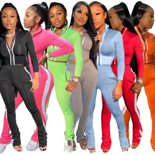 2021 Womens Solid Color Splicing Fashion Sports Leisure Two Piece Set