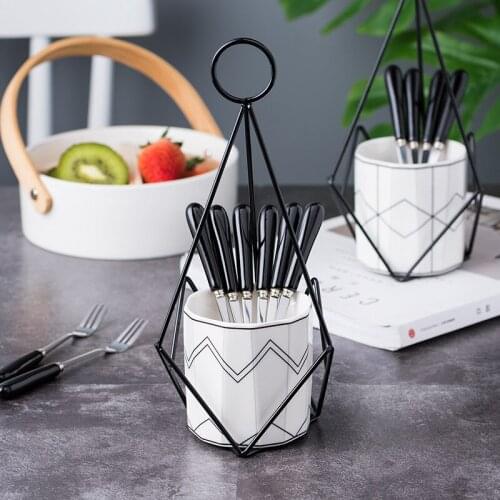 6pcs Forks + Holder Cup + Shelf Home Office Cafe Shop Dessert Cake Fruit Fork Set Tableware for Kids Kitchen Dinnerware Tools