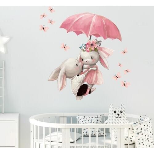 Watercolor Double Bunny Flying with Umbrella Wall Stickers for Kids Room Baby Nursery Room Decoration Wall Decal Pink Girl Decor