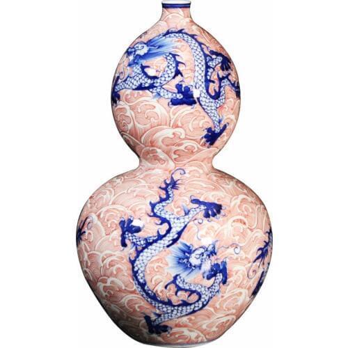 Jingdezhen Antique Porcelain Vase Underglaze Red Ceramic Dragon Gourd Vase For Home Office Decor