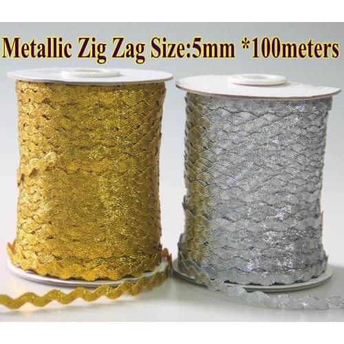 Free shipment Metallic Zig zag Ric rac S Ribbon Tape size 5mm 100m/roll Metallic Gold Silver DIY accessories garments handmade