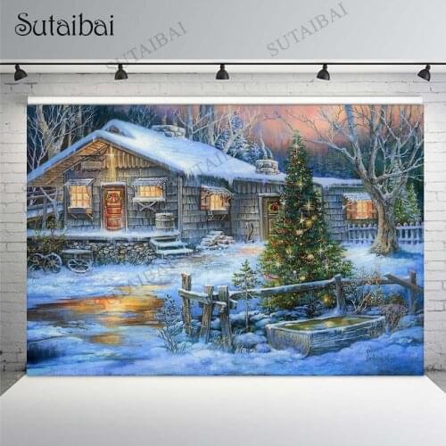 Country Cottage Wood House Christmas Decorations Photo Backdrop Xmas Tree Yard Backdrops Winter Snow Rural Landscape Background