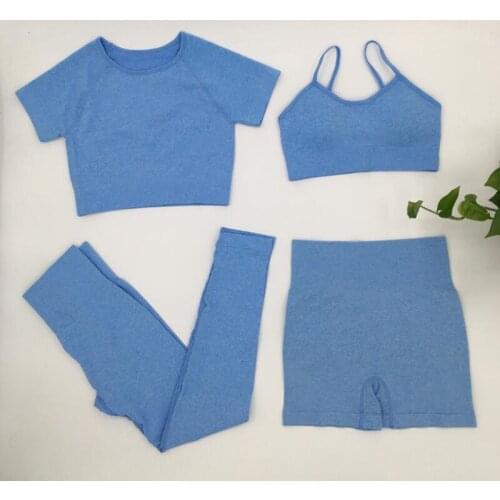 4pcs/set Yoga Set Workout Seamless Womens Sportswear Gym Clothing Sports Suits Fitness Short Sleeve Top High Waist Leggings