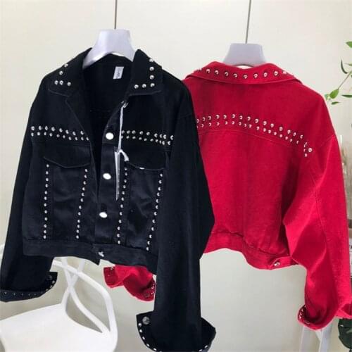 Denim Jacket Women Diamonds Beaded Short Jean Coat Female Autumn Fashion Overcoat Lapel red Jeans Outerwear Casacos Feminino