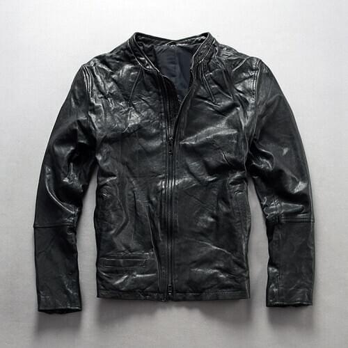 2018 stand collar slim fit genuine leather jacket men black sheepskin coats zipper mens leather coat autumn leather clothing