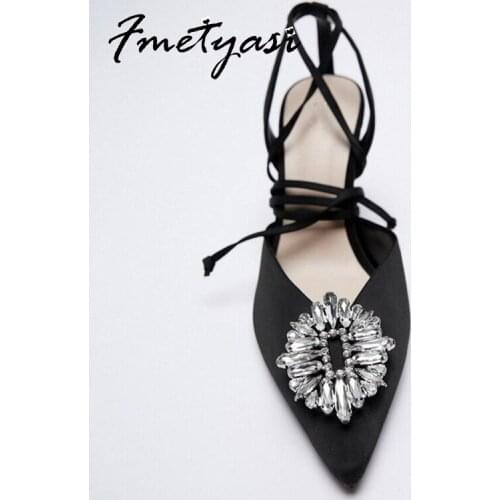 Summer Women Sandals Thin Heels Crystal Stiletto Rhinestone Front Rear Strap Peep Toe Pumps Pointed Toe Elegant Black