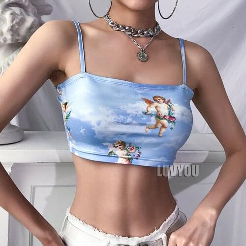 2020 New Fashion Women camisole Sling Top Vest Sleeveless Cold Shoulder The Angel Of Cupid Print Short Camis Female Summer Top