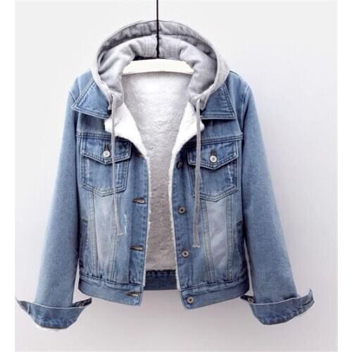 2020 New Denim Jacket Women Winter Plus Velvet Warm Coat Hooded Long-sleeved Cotton Coat Jacket Short Winter Coat