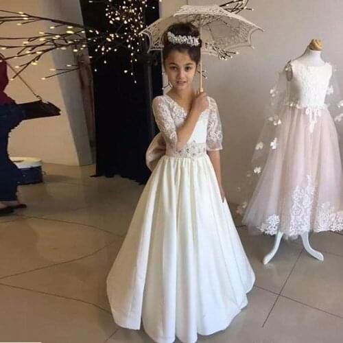 Autumn Winter Half Sleeve Flower Girl Dresses Lace Wedding Formal Dresses Teenage Girls Pageant Dress for Girls 2-14 Years