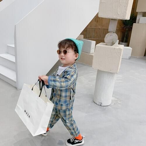 Autumn Toddler Boys Suit Fashion Korean Plaid Lapel Coat Elastic Waist Pants 2pcs for Boy 2-7 Years Child Kids Clothes Set New