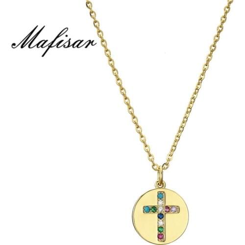 Mafisar Classic Design Round Sequins Cross Pendant Necklace For Men Women Gold Chain Colourful CZ Stone Necklace Bijoux