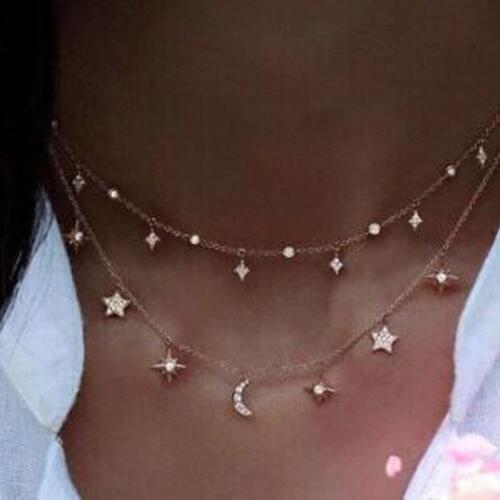 New Multilayer Crystal Star Moon Pendant Necklace for Women Bohemian Vintage Necklaces Fashion Collar Costume Jewelry