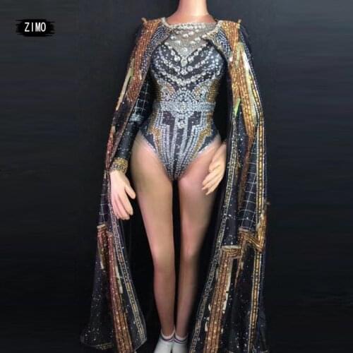 Black Sexy Crystals Rhinestone Bodysuit Women Nightclub Bar Dj Ds Stage Dance Costume Drag Queen Wear Festival Outfit Carnival