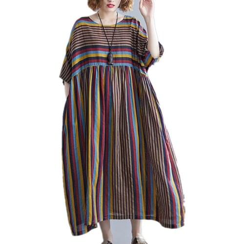Uego Fashion Print Striped Loose Summer Dress Soft Cotton Linen Beach Casual Dress Plus Size 5XL 6XL Women Long Maxi Dress