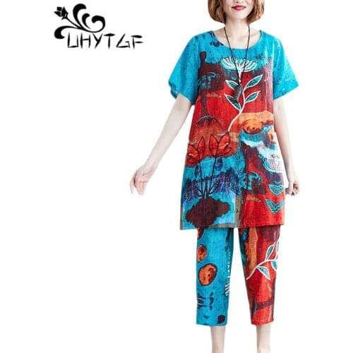 UHYTGF Casual women summer two piece set fashion printing cotton linen comfortable plus size set elegant mom loose tracksuit 898