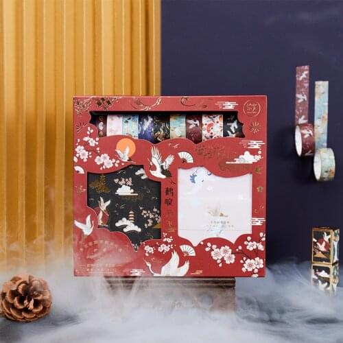 Hand Ledger Set 4 Types of Multifunctional Tape Sticker Gift Box Creative Antique Crane Salt Note Cute Sticker Note Pad Kawaii