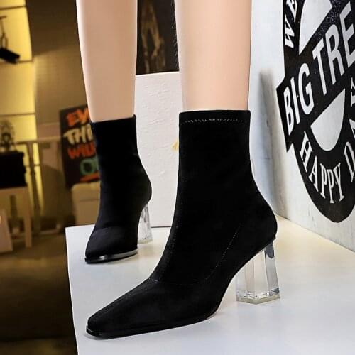 LTARTA Fashion Simple Crystal Clear Heel High Heel Suede Square Head Slimming Pedicure Sexy Nightclub Short Boots DS-9789-2