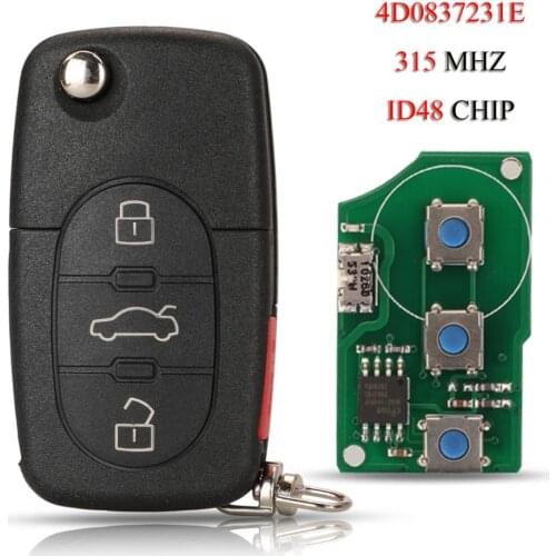 Kutery 4D0837231E Remote Smart Car Key For Audi A2 A3 A4 A6 A8 TT Quattro 315Mhz ID48 Chip 3+1Buttons Remote Control Key