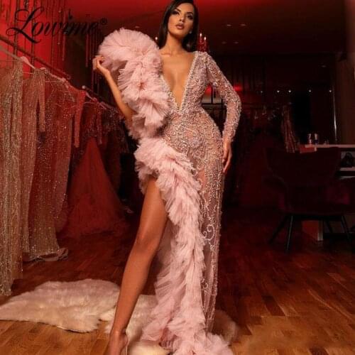 Illusion Deep V Neck Party Dress 2020 Dubai Beaded Evening Dress Sexy Prom Dresses Long Sleeves African Dress Robe De Soiree