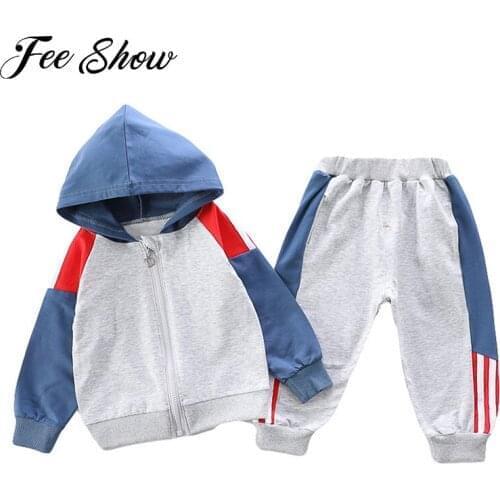 Toddler Baby Boys Cotton Spring Autumn Suit Hooded Hoodie Long Sleeves Front Zipper Sweatshirt Top Elastic Pants Set Casual Wear