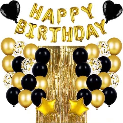 Aluminum foil happy birthday balloon black gold latex balloon party background decoration girl boy birthday decoration