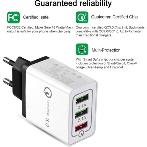 3 Ports USB Quick Charge 3.0 Charger Fast Charging QC3.0 Adapter Mobile Phone Wall Charger for iPhone X XS MAX XR 6 7 8 Plus 5S