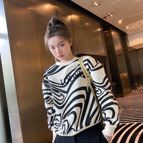 Zebra pattern womens tide ins winter plus velvet round neck pullover top loose