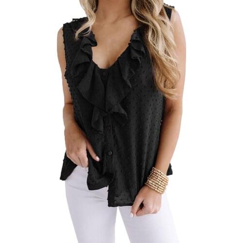 Women Summer Blouse Ruffle Shirts Sexy V Neck Button Blouses Office Ladies Sleeveless Shirts Casual Loose Tops for Female D30