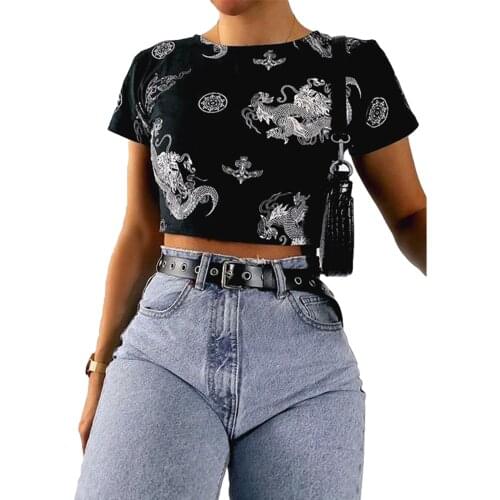 Womens Fashion T-Shirts Summer Casual Short Sleeve Crewneck Dragon Print Slim Fit Crop Tops Ladies Girls Casual Tees