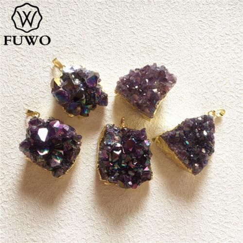 FUWO Trendy Women Aura Amethysts Pendant With 24K Gold Electroplate Free Shape Purple Crystal Quartz Jewelry Wholesale PD041