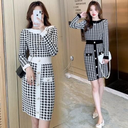 Women One Piece Dress Autumn 2021 New Office Lady Korea Style Knitting Full Sleeve Plaid Patchwork High Waist Dresses Traf