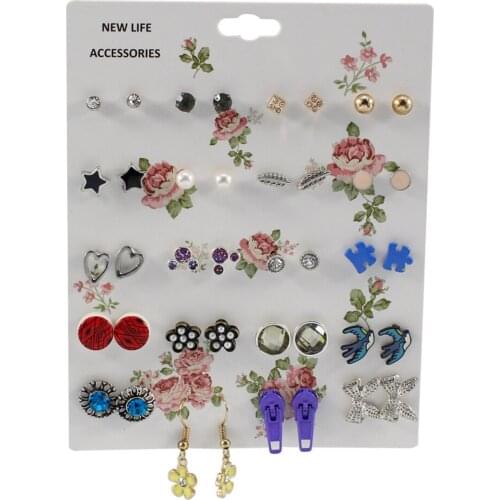 20 Pairs/set High Quality Fashion Jewelry Gold Color Round Flowers Heart Rhinestone Mixed Stud Earrings Set For Women Best Gift