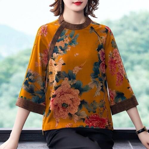 2021 womens chinese cheongsam shirt tops floral printing qipao shirt cheongsam top retro chinese traditional satin qipao blouse