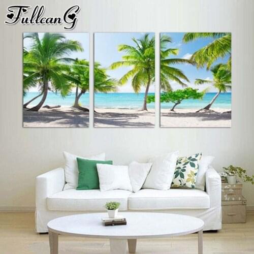 FULLCANG 5d diy diamond embroidery sale beach coconut tree diamond painting triptych full square round drill home decor FC2025