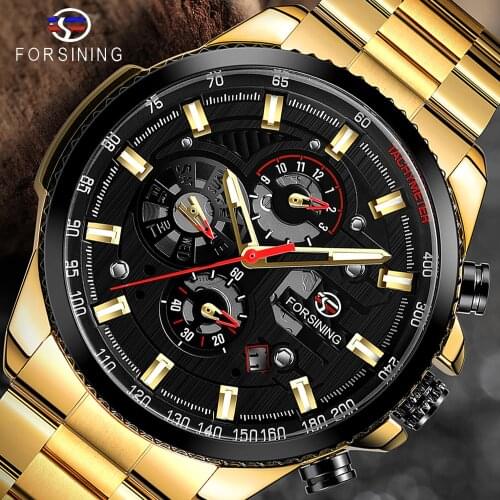 Forsining 3 Dial Calendar Display Gold Stainless Steel Men Automatic Wrist Watch Top Brand Luxury Military Sport Male Clock