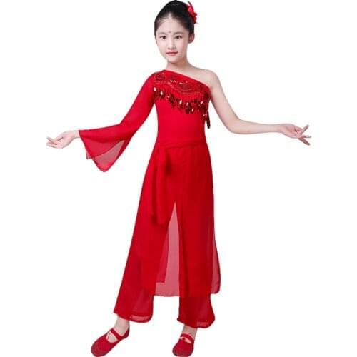 Childrens Red Classical Dance Costume Modern Fan Yangko Dance Suit Girls National Elegant Chinese Style Folk Umbrella Dance