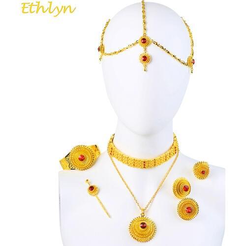 Ethlyn Luxury Ethiopian Eritrean Traditional Jewelry Choker Sets Gold Color Stone Wedding Jewelry Sets Women S097