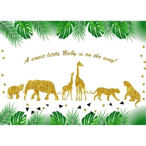 Wild Animals Backdrop Six Golden Animals and Green Leaves Photography Background Holiday Celebration Photo Booth Studio Decor