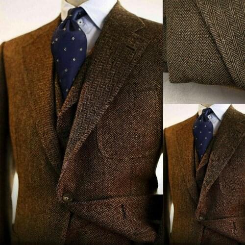 Classic Brown Men Suits Wool Blend Herringbone Vintage Tweed Tuxedos Blazer+Vest+Pants 3 Pieces Groomsmen Jacket Custom Made