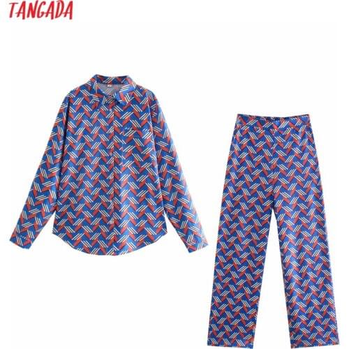 Tangada Chic Geometry Print Suit Women Pant Set 2021 Fashion New Suit 2 Piece Set Loose Top and Pants 8Y143