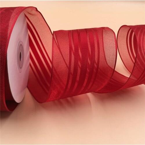 63MM X 25yards Red satin stripes organza ribbon for gift wrapping christmas wired edges N2123