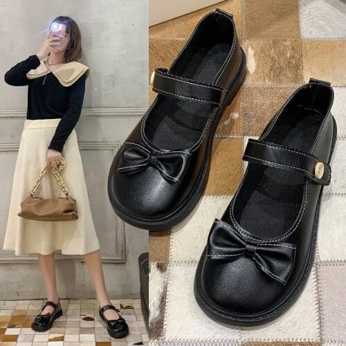 Round Bow Small Leather Shoes Womens Shoes Retro Single Shoes Casual Flat Small Leather Shoes
