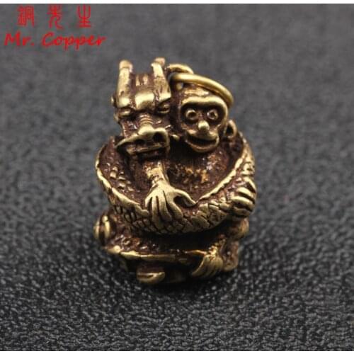 Pure Copper Zodiac Monkey Hugging Dragon Miniatures Figurines Small Desktop Ornaments Brass Keychain Pendant Decor Accessories